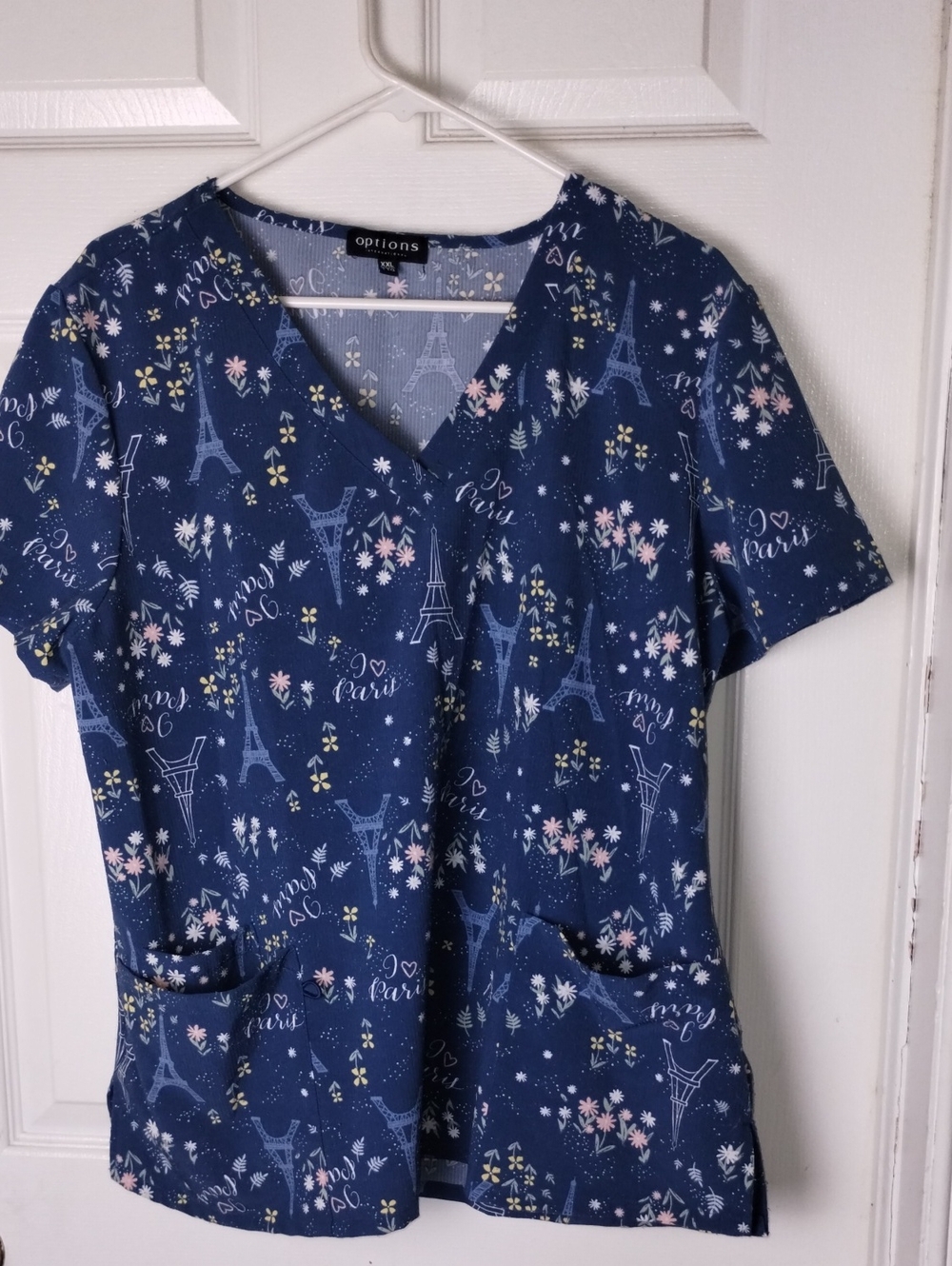 Women's Navy  I Love Paris, Eiffel Print V-Neck Scrub Top. XXL